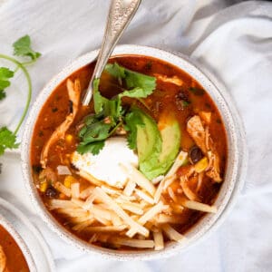 Single bowl of chicken enchilada soup topped with cheese, avocado, sour cream.