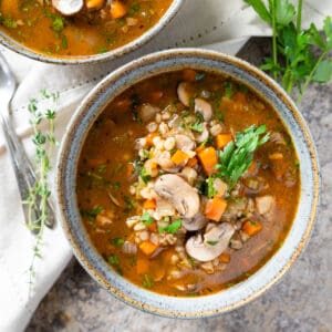 one bowl of soup garnished with fresh herbs.