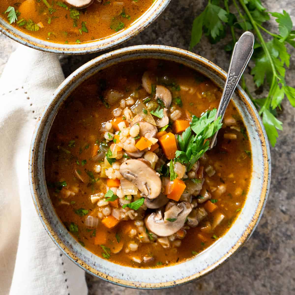 one bowl of mushroom barley soup garnished with fresh parsley with a spoon in the bowl. 