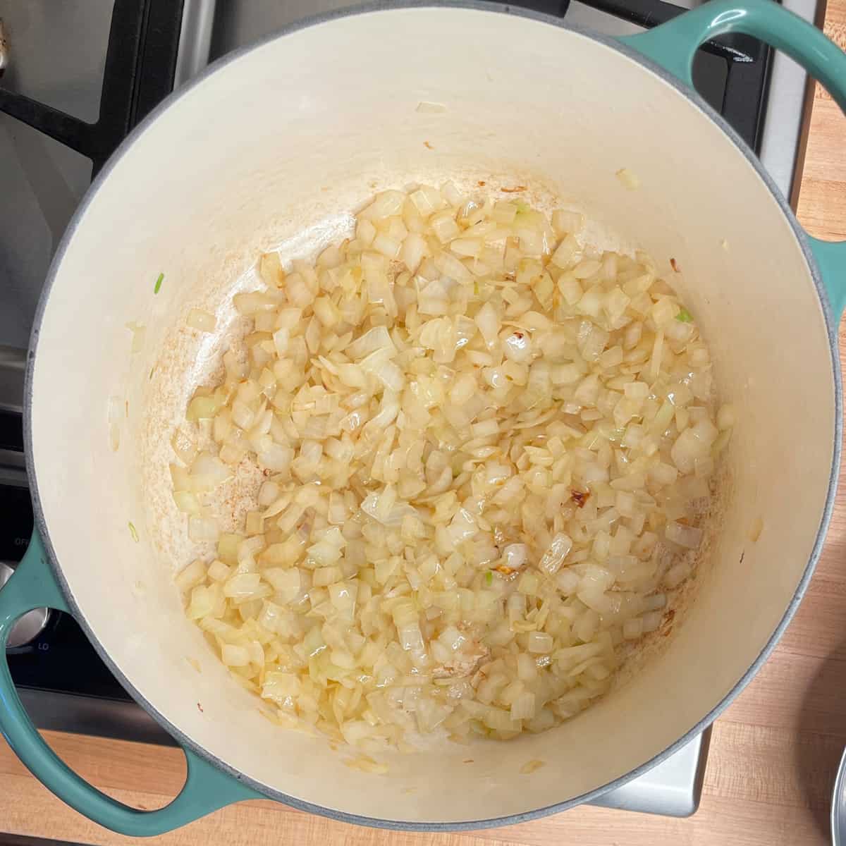 diced onions starting to brown in a large soup pot.
