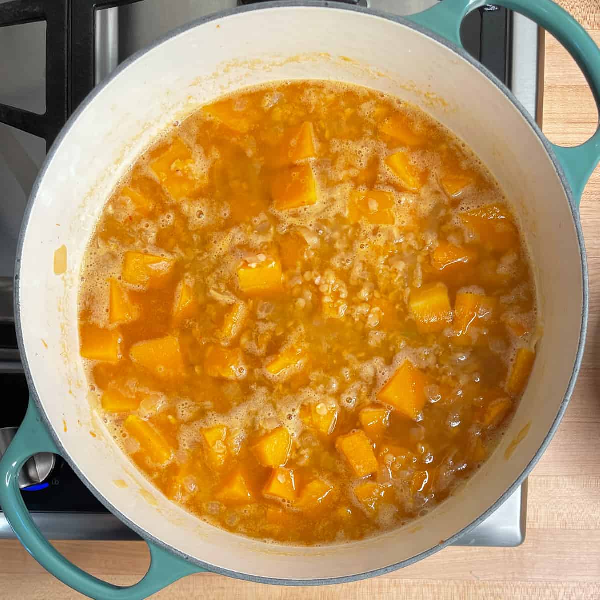 broth has been added and brought to a simmer.