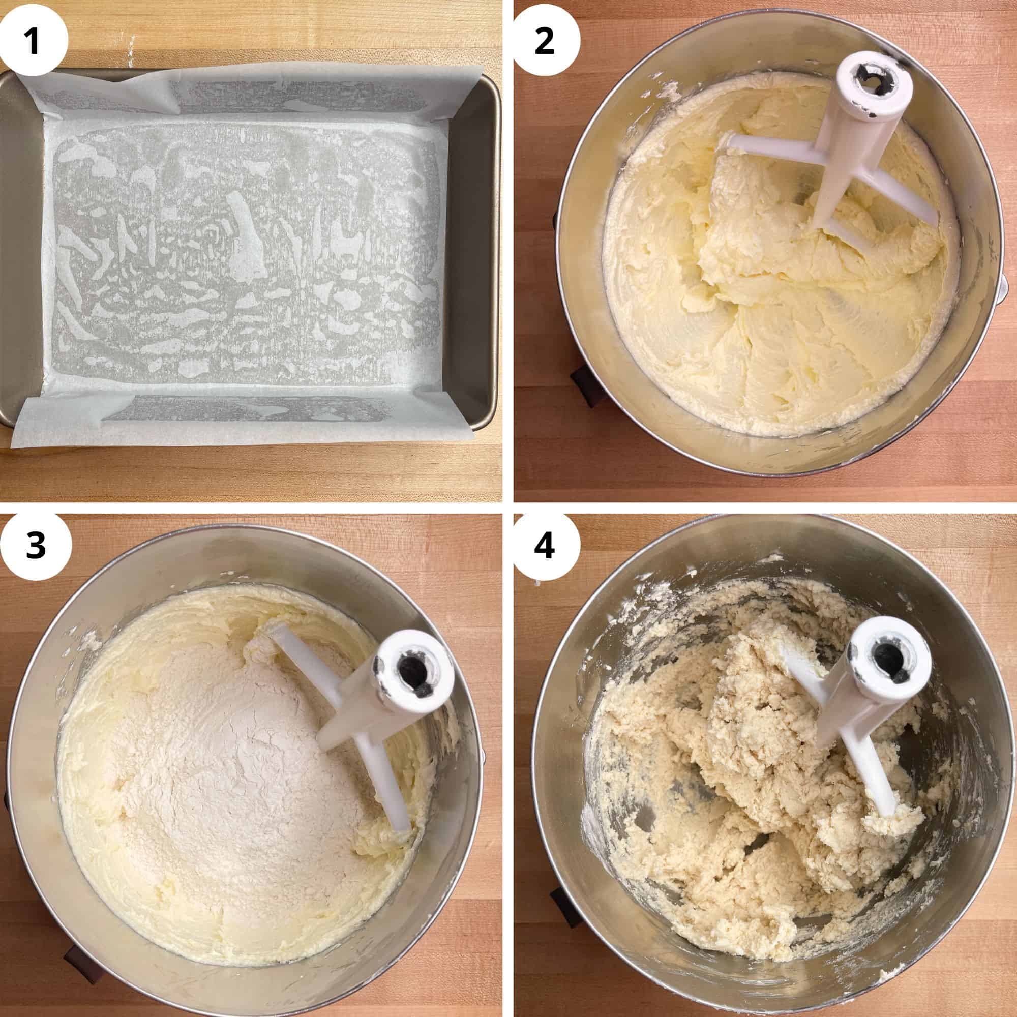 line pan with parchment then cream butter and sugar. add flour and mix.