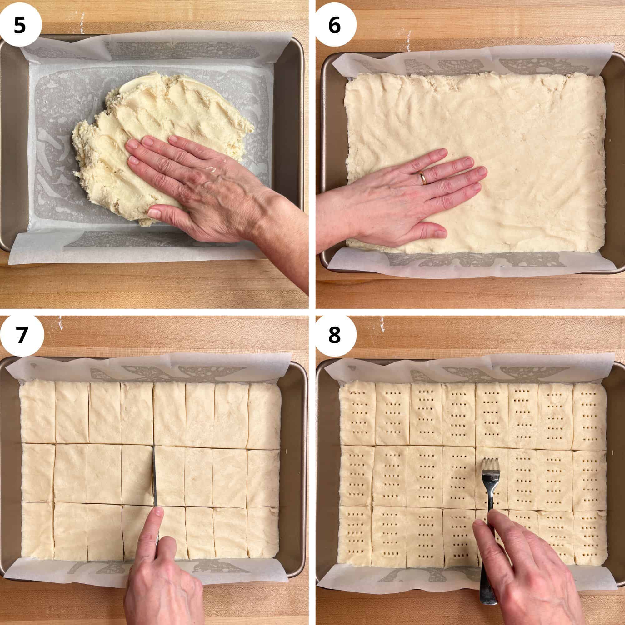 dough being pressed into pan then cut and docked with a fork. 