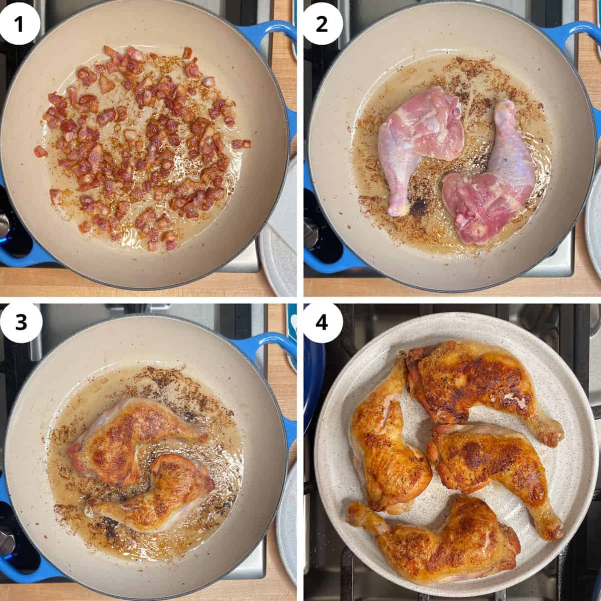Cooking the bacon, searing the chicken, and removing chicken from pan shown in a collage. 
