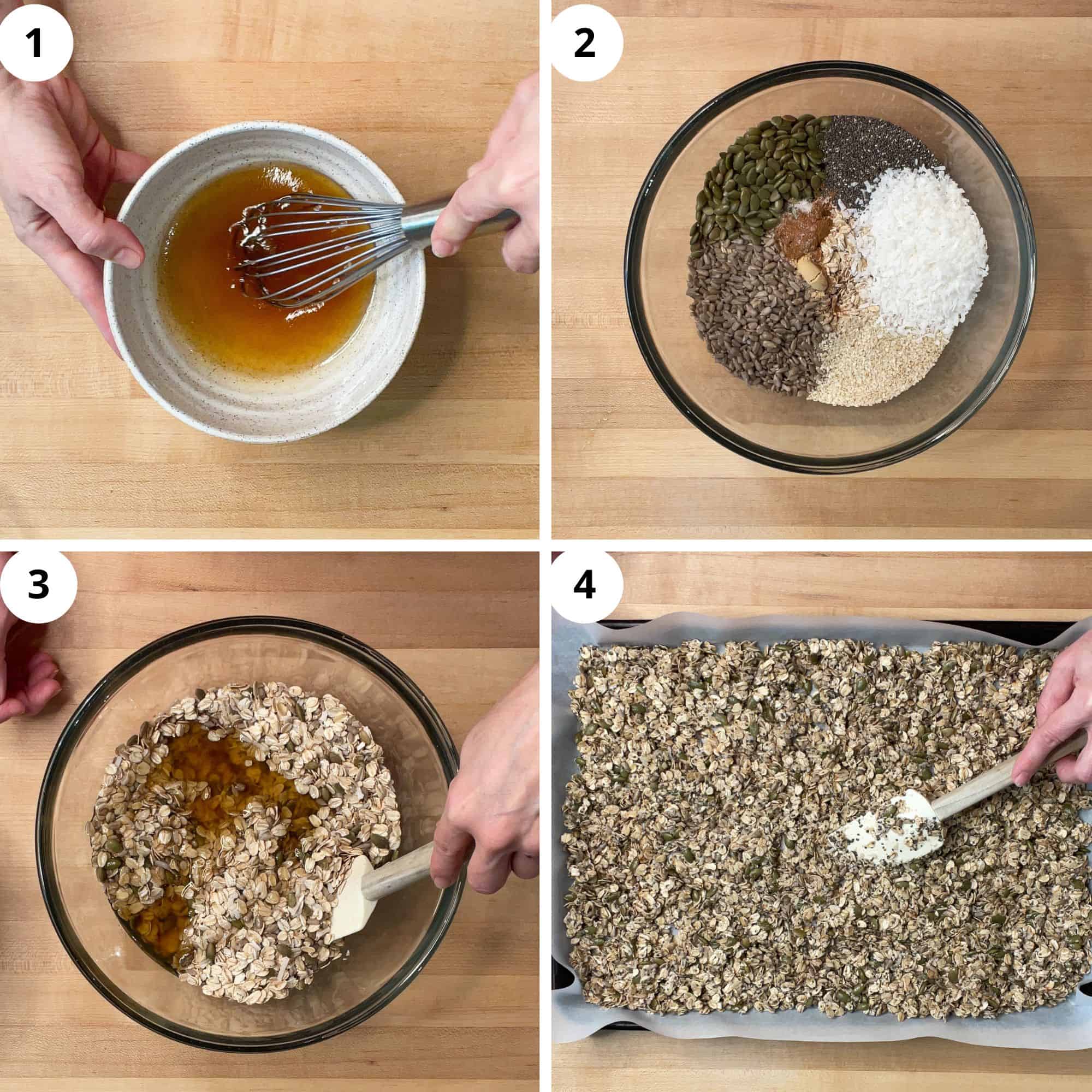 Mixing the wet ingredients and then the dry. Mix everything together then spread on a tray.