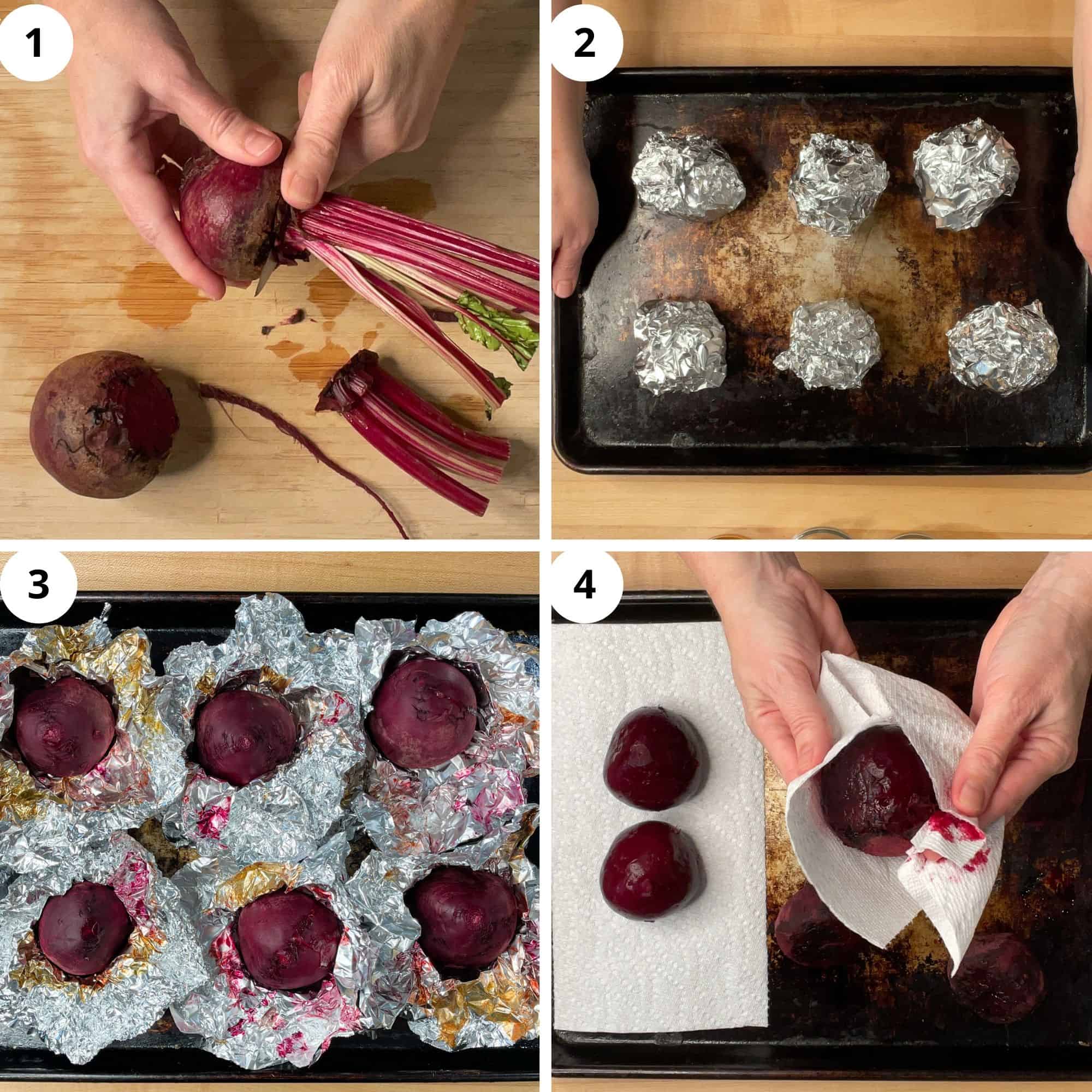 Trim stems from beets then wrap individually in foil and place on a baking tray. Once done, rub off the skins with paper towels. 