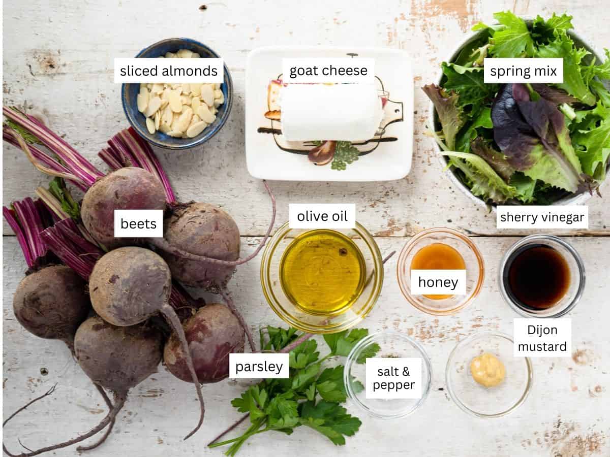 all ingredients to prepare beet salad with goat cheese. 