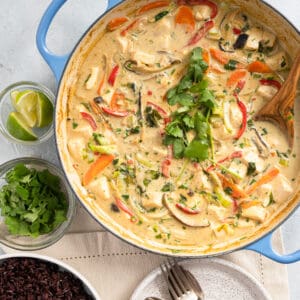 one pot of green curry tofu with side dishes of lime, cilantro and black rice.