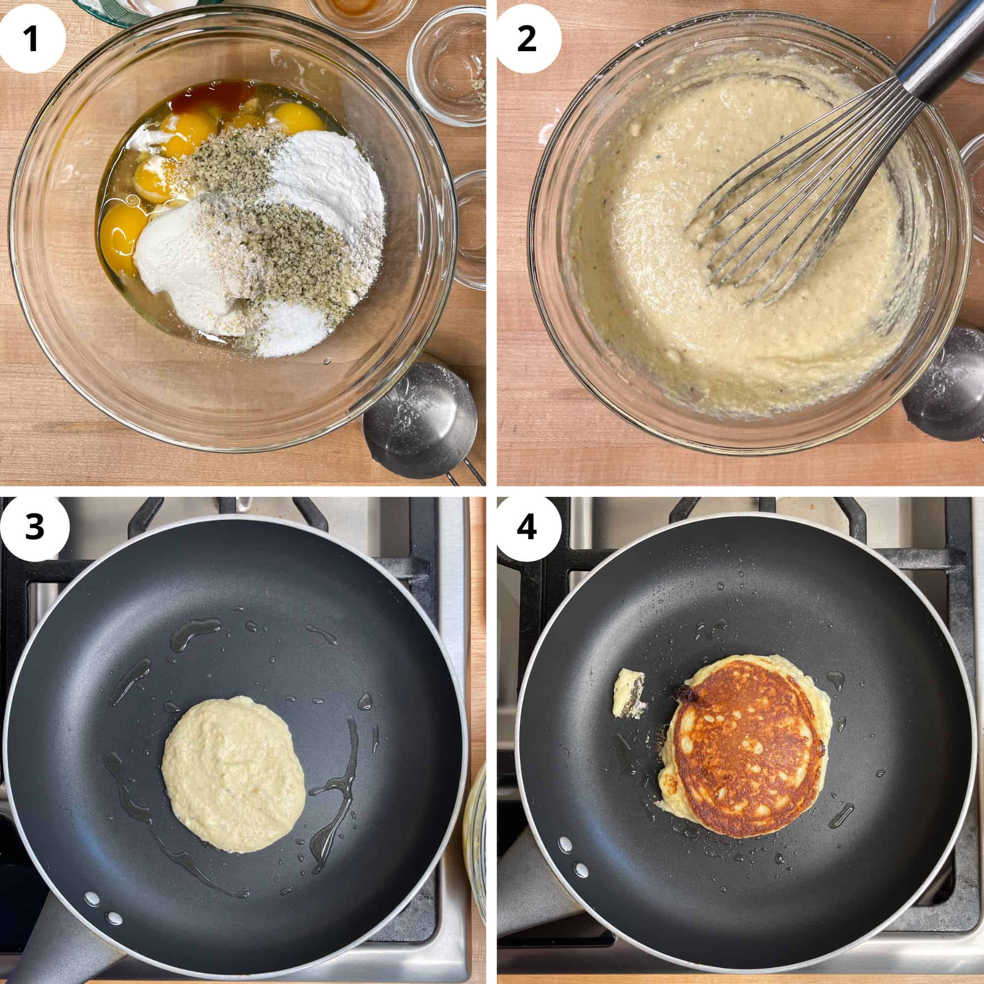 Mix together all the ingredients in a large bowl. Heat a small amount of oil in a non-stick frying pan and scoop ¼ cup of batter into pan. Cook for 2 minutes on each side. 
