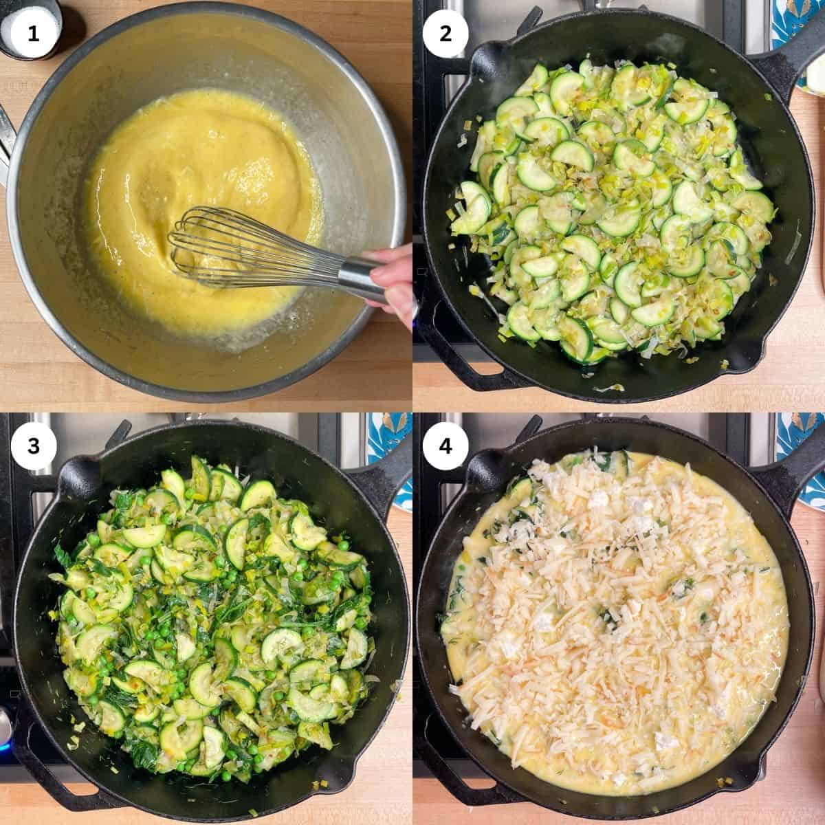 whisk eggs and yogurt together. Saute leeks and zucchini then add peas, dill and spinach. Pour over custard mix and top with cheeses. 