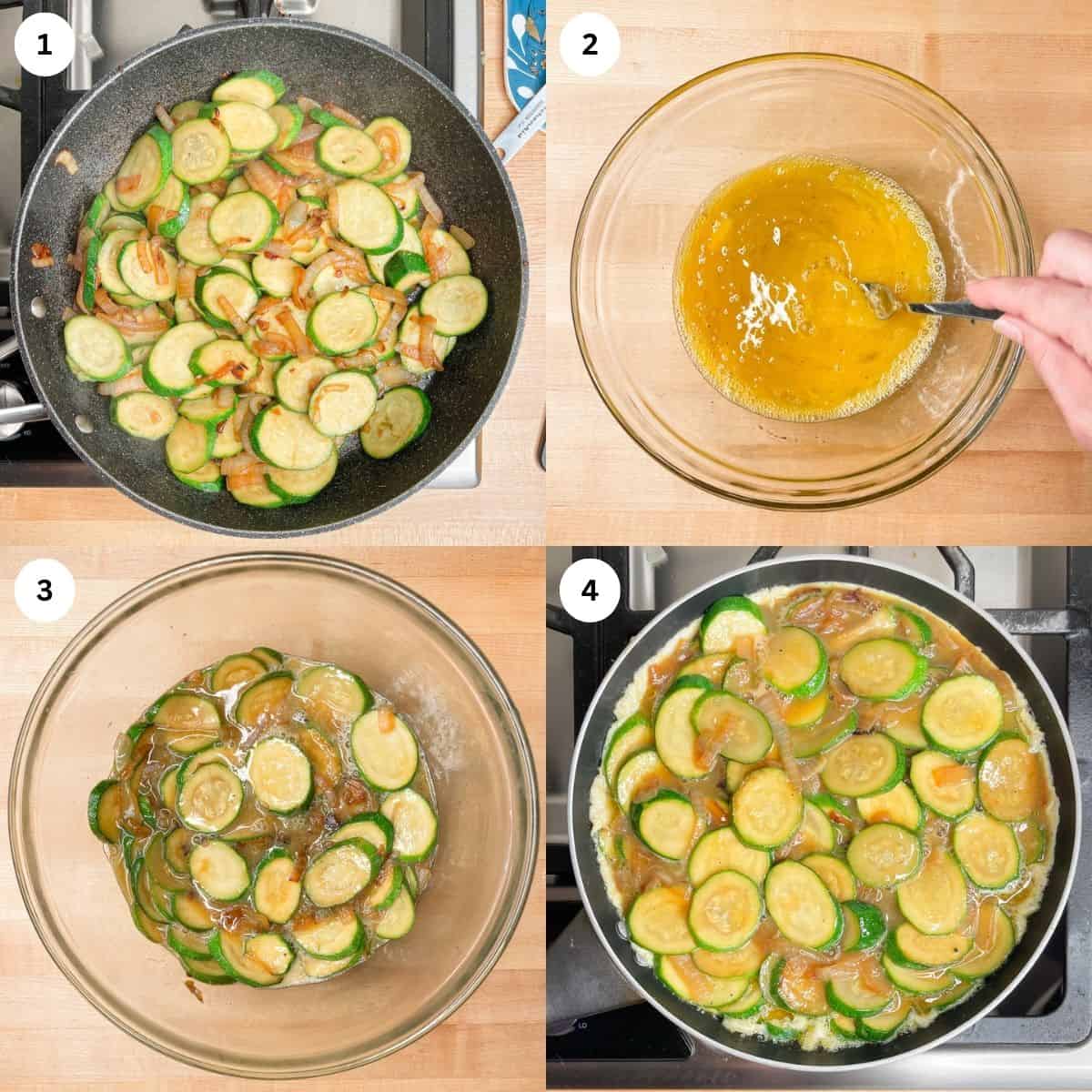 the first 4 steps in making the recipe. Fry the onions and zucchini, mix the eggs, mix it together then fry the first side. 