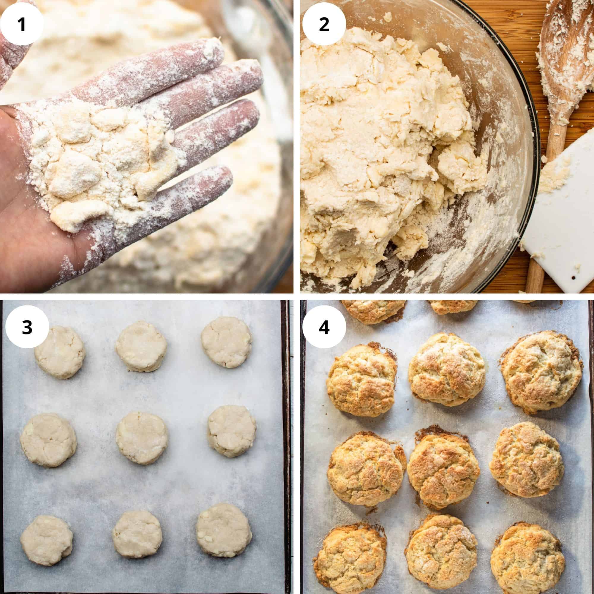 Making biscuit dough then forming into puck shapes on a baking tray and baking. 