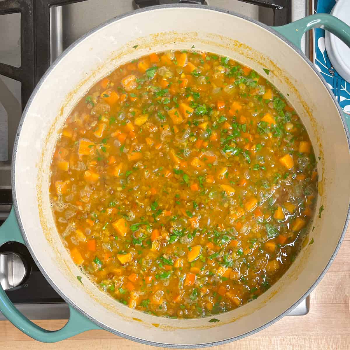 finished Moroccan lentil soup in a large soup pot. 