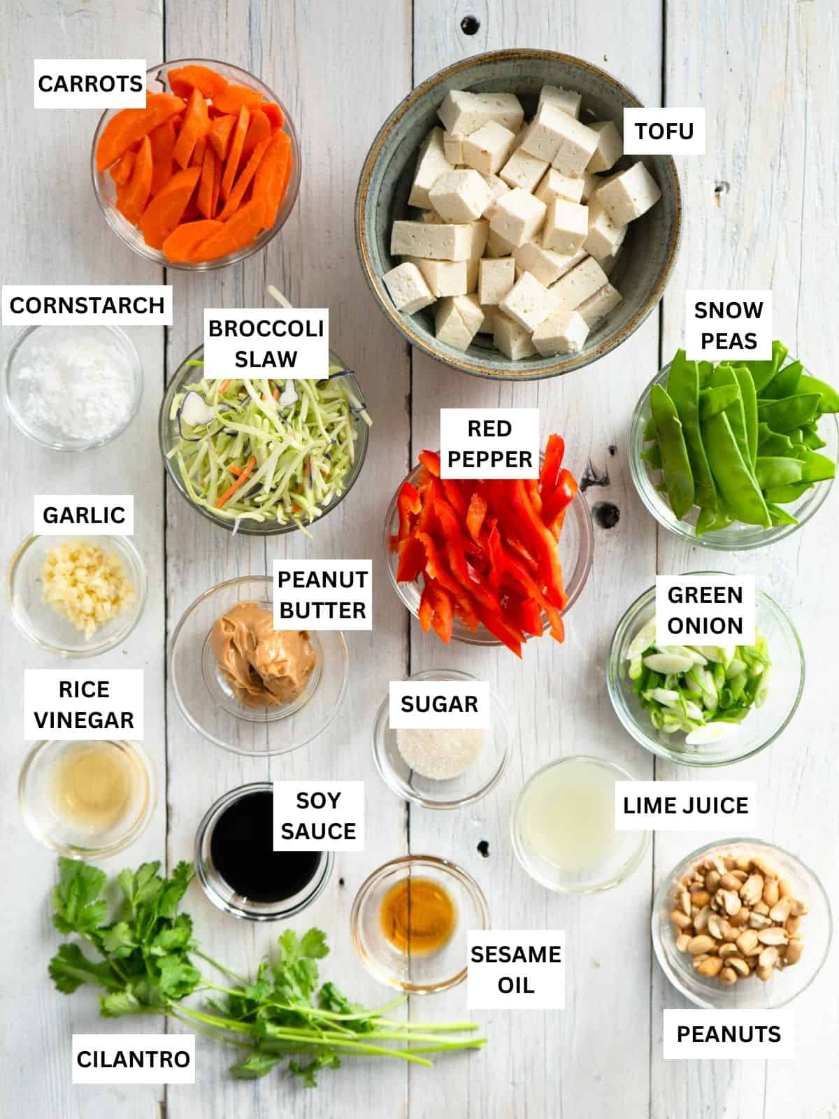 All labeled ingredients to make tofu stir fry.