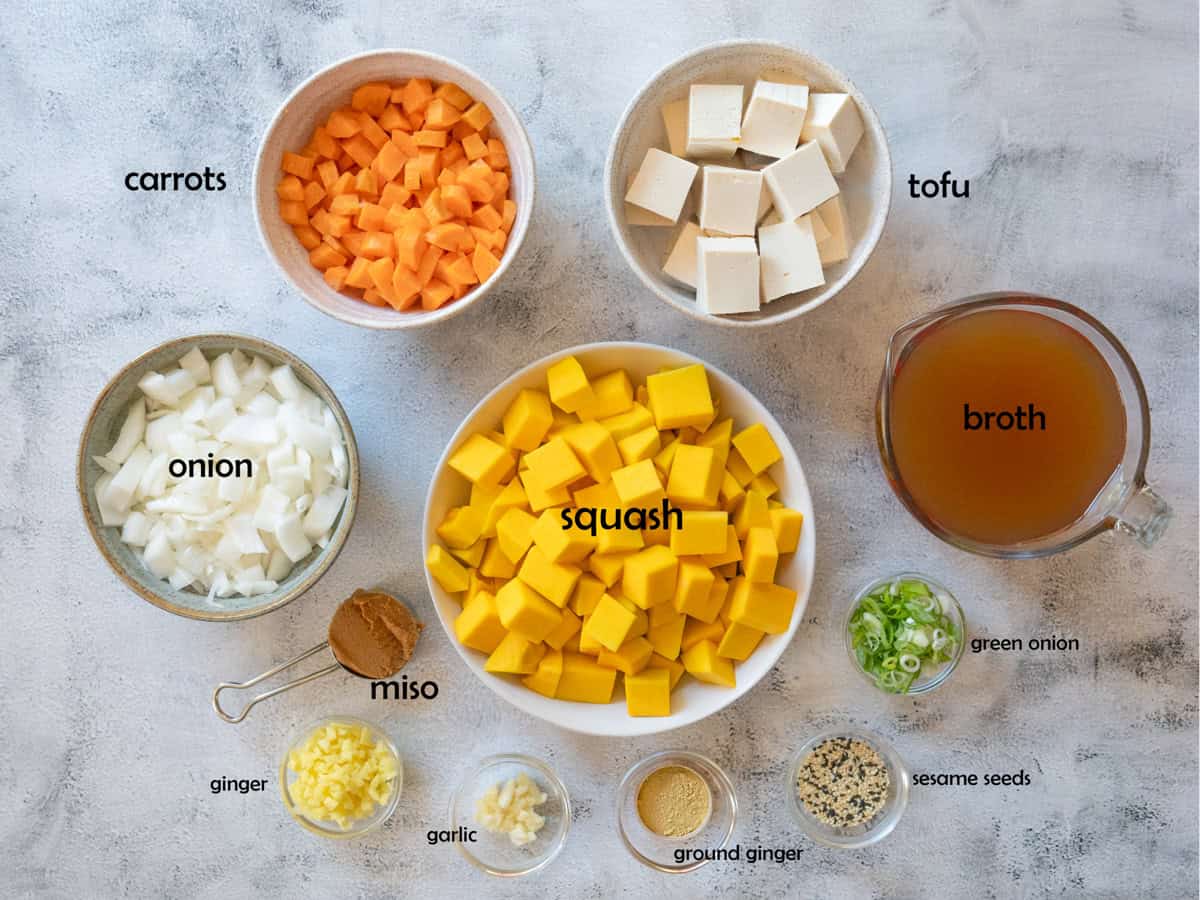 All prepared ingredients for butternut squash soup with miso and ginger.