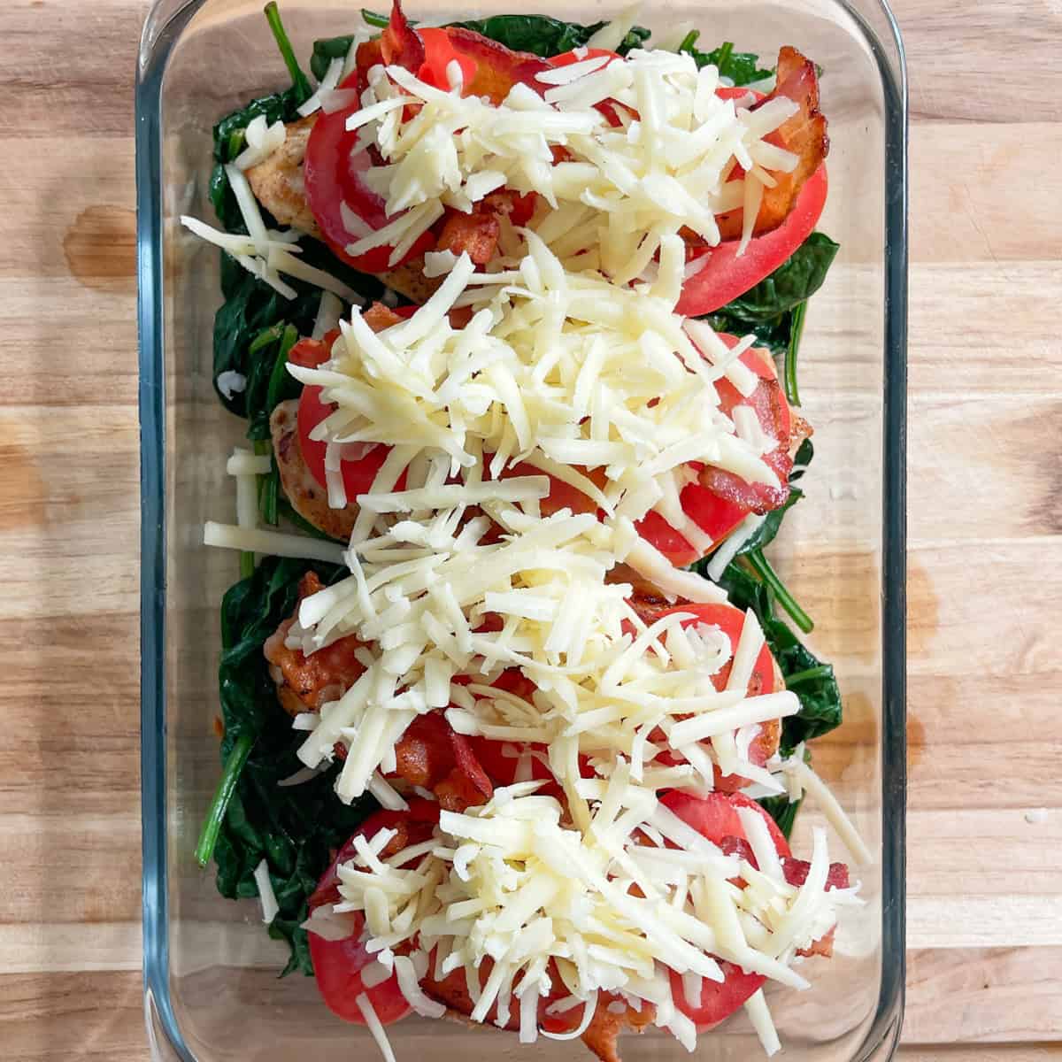 Chicken club bake in a casserole dish before going into the oven.