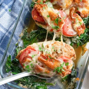 chicken club breast on a serving spoon.