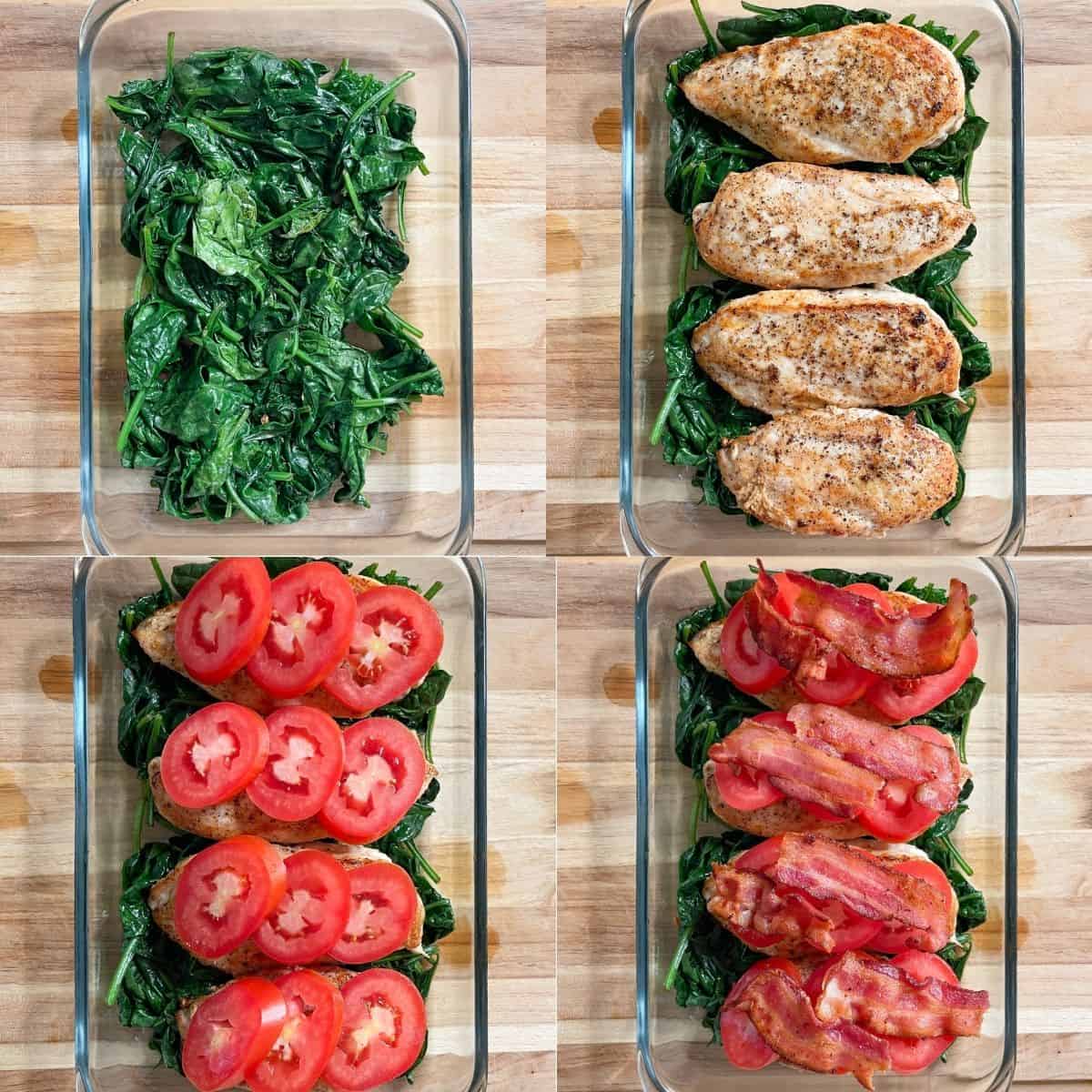 Spinach, chicken breasts, sliced tomatoes and bacon being layered into a casserole dish.
