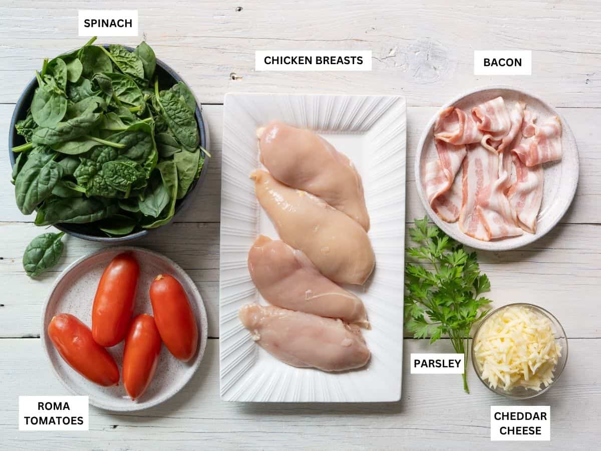 All labeled ingredients to make chicken club bake.