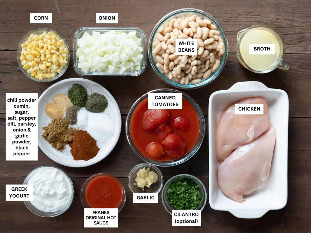 Labeled ingredients to make this chili recipe.