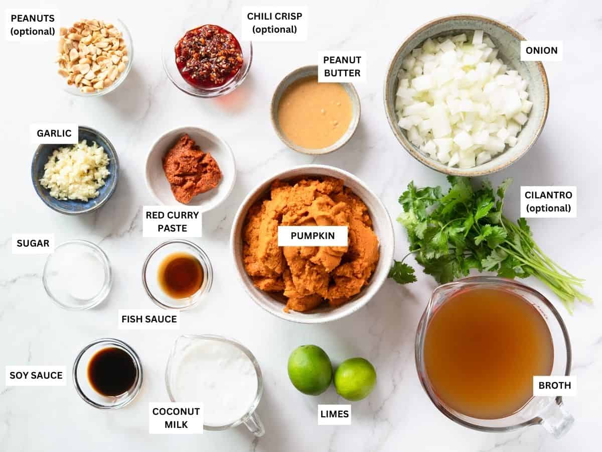 All the ingredients to make this soup laid out with labels.