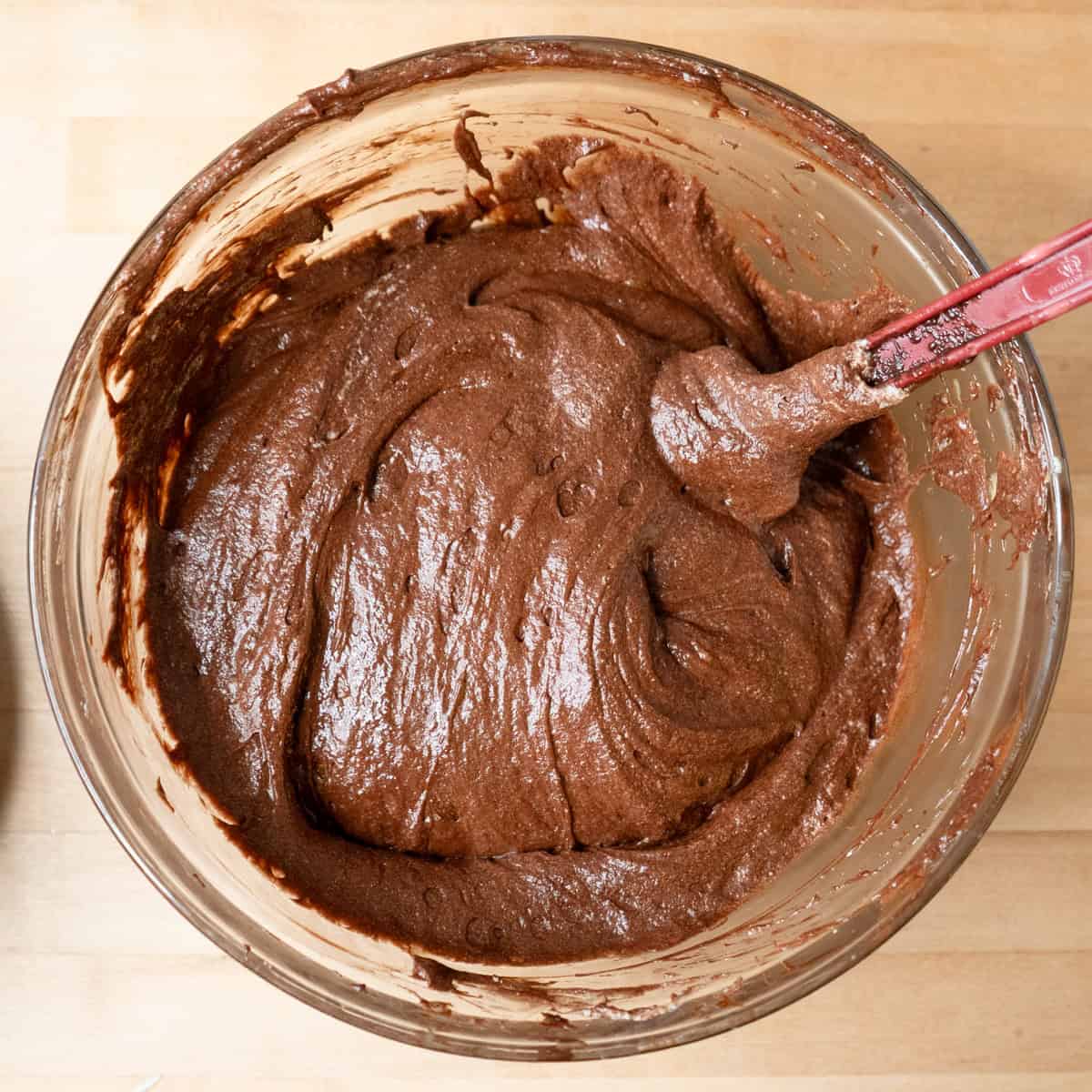 Cake batter for chocolate souffle cake ready to go into the pan.