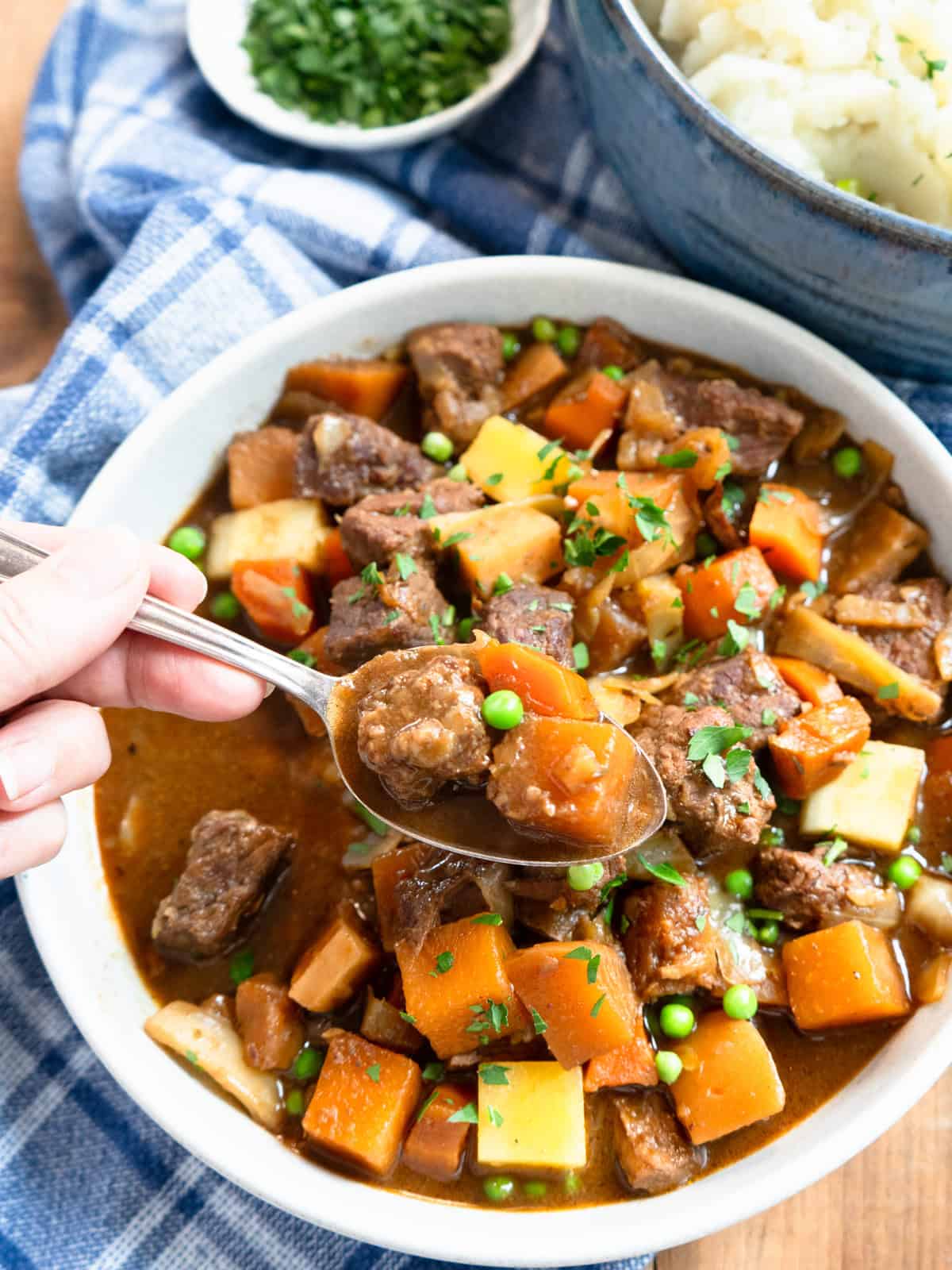 A spoonful of beef and guinness stew being lifted from the serving bowl.