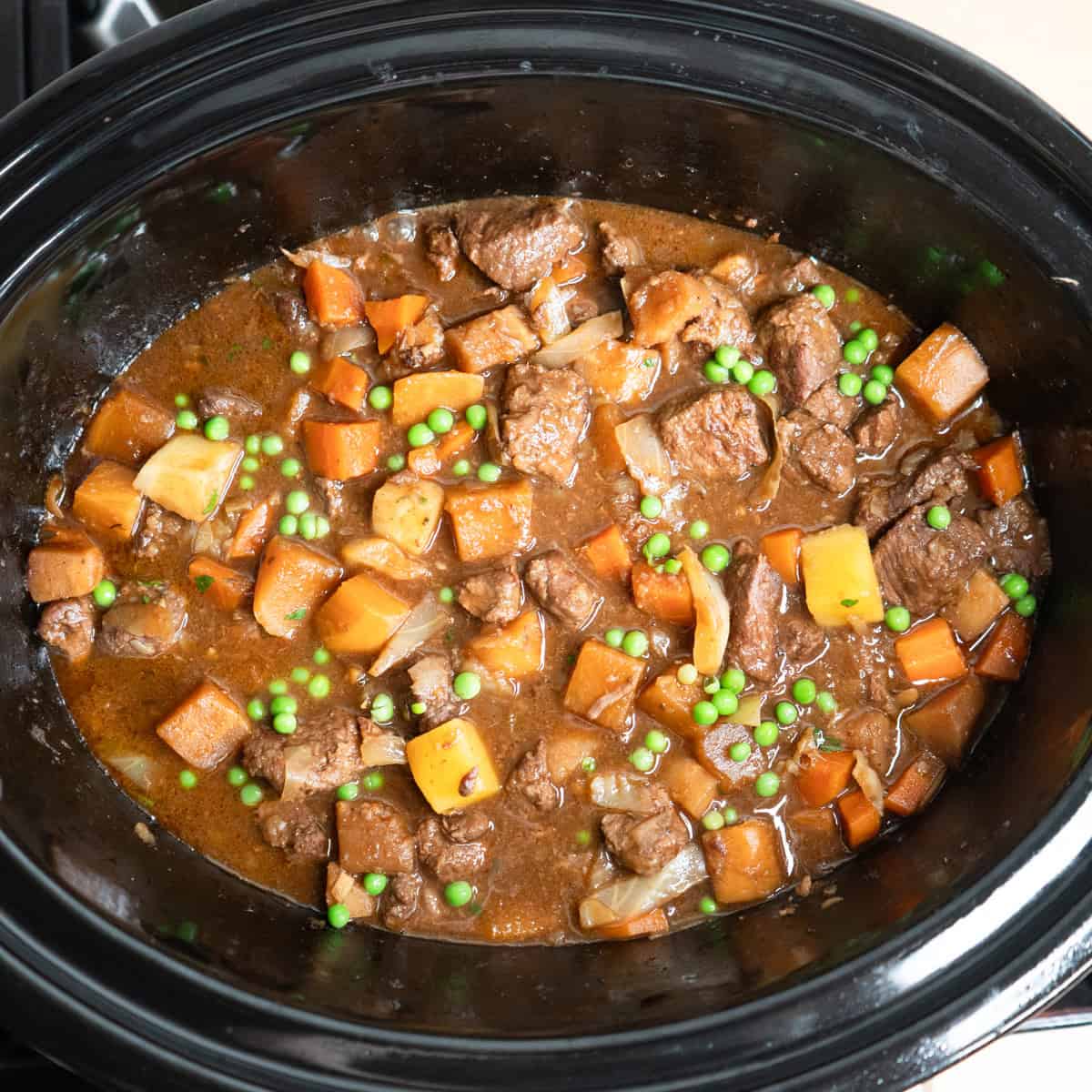 Slow cooker beef and Guinness stew ready to be served.