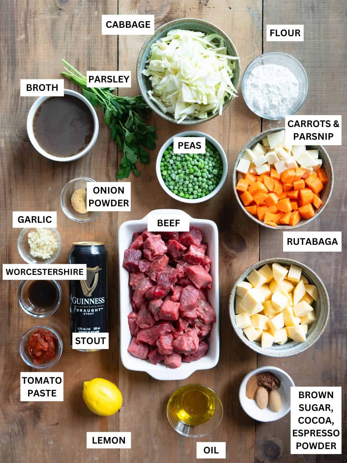Labeled and prepared ingredients to make slow cooker beef and Guinness stew.
