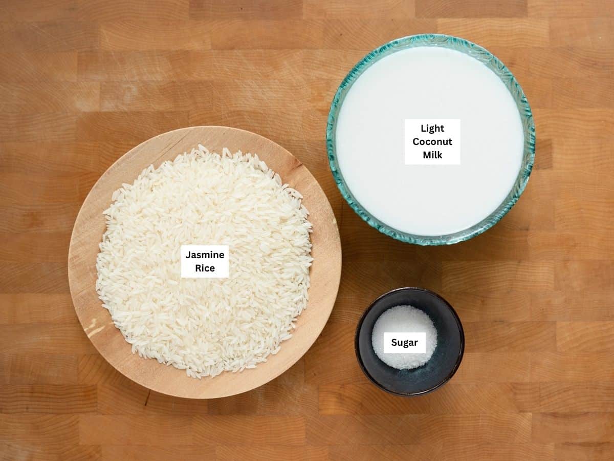 Ingredients to make coconut jasmine rice with labels.