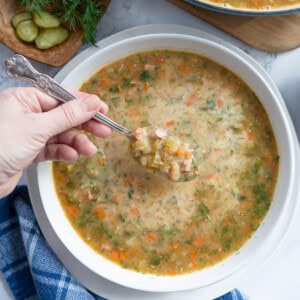 A bowl of dill pickle soup with a spoonful being scooped up.