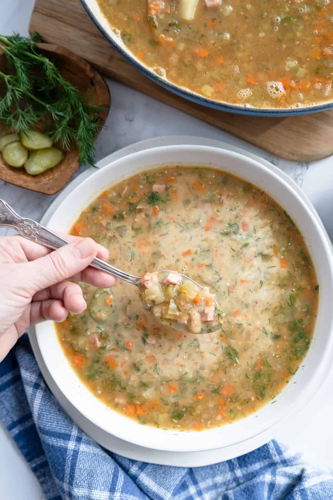 A bowl of dill pickle soup with a spoonful being scooped up.