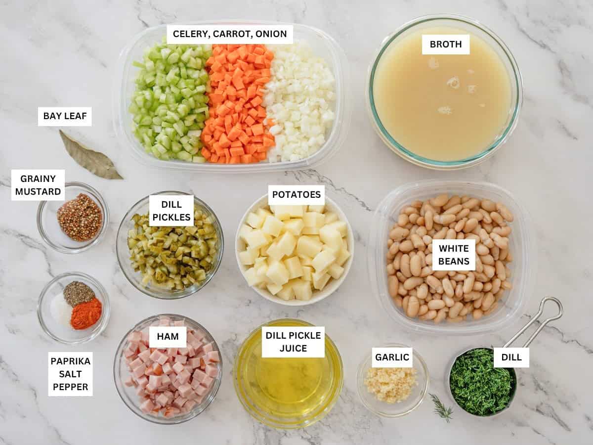 All ingredients, labeled and prepped, to make dill pickle soup.