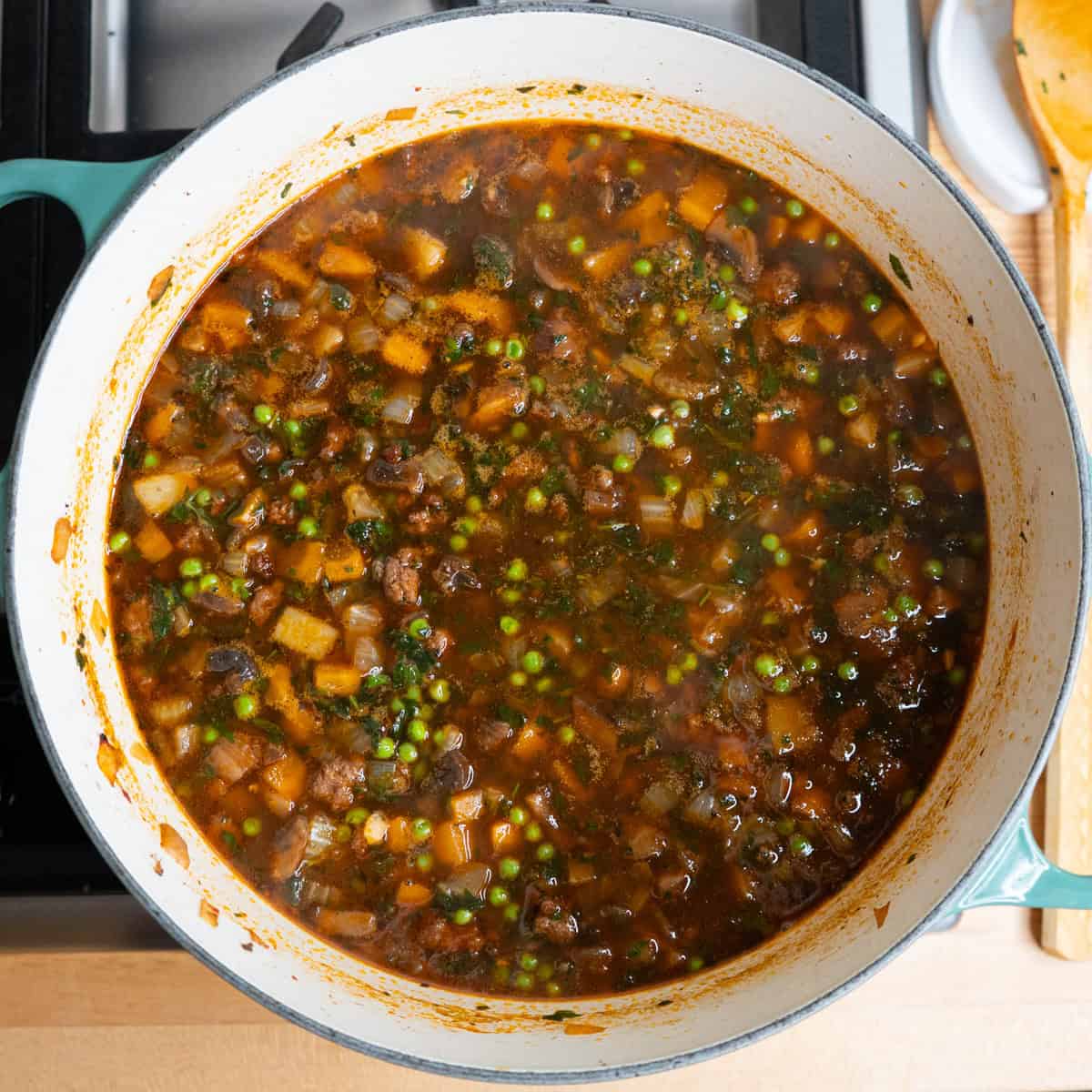 Finished pot of beef and vegetable soup.