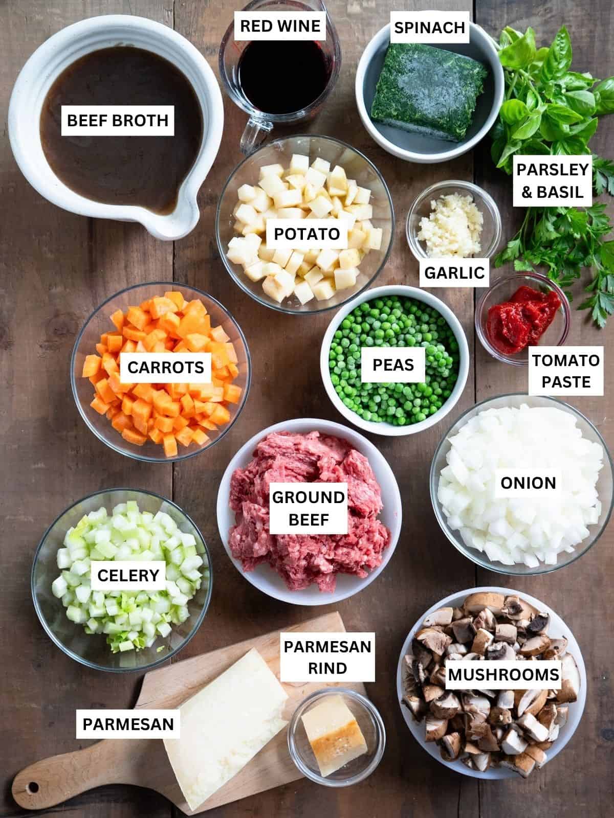 All ingredients to make beef and vegetable soup prepared and labeled.