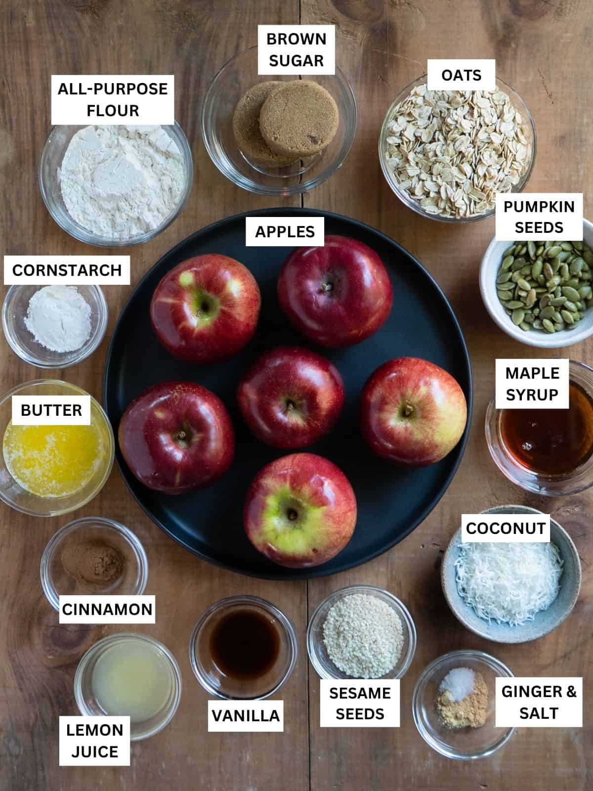 All labeled ingredients to make apple granola crisp.